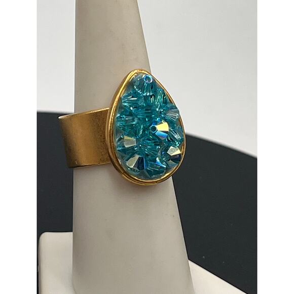 Liz Palacios Teardrop Blue AB Swarovski Crystal Gold Plated Wide Band Ring Sz 7 - Picture 5 of 8